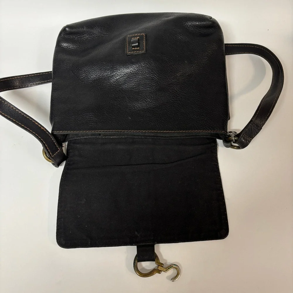 VTG Ralph Lauren Black Leather Crossbody Bag Equestrian Hook Flap Messenger